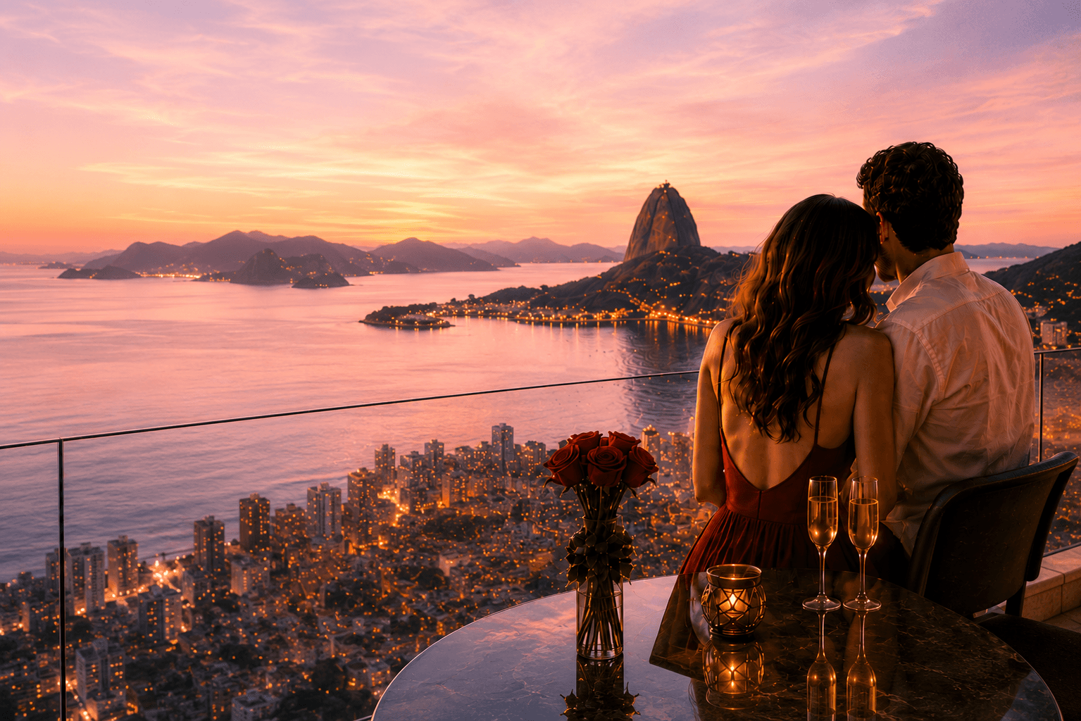 Casal apreciando o pôr do sol no Rio de Janeiro